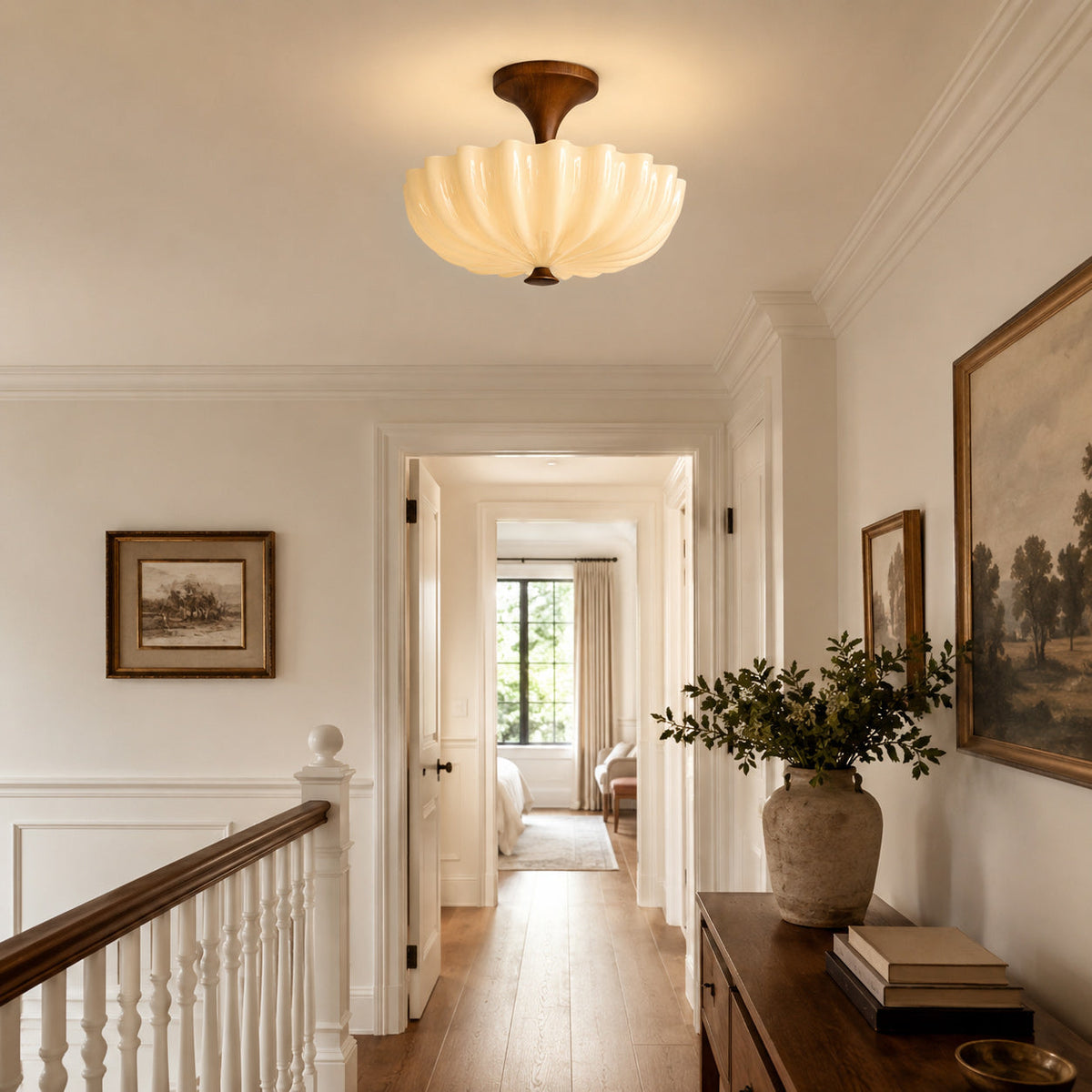 Scalloped Glass Wood Semi-Flush Light