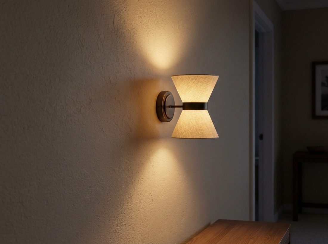 Twin-cone wall light glowing on a plaster wall