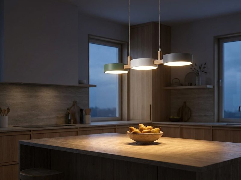 Cylinder pendants hanging over a kitchen island
