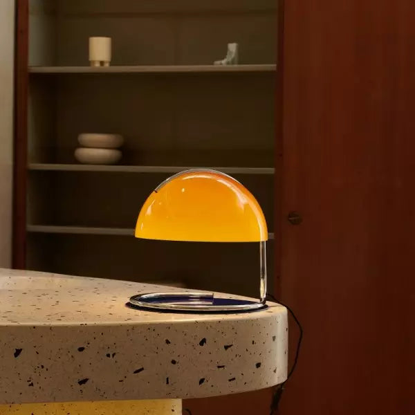 Postmodern table lamp of metal and glass