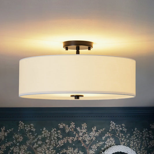 White Linen Drum Semi-Flush Light