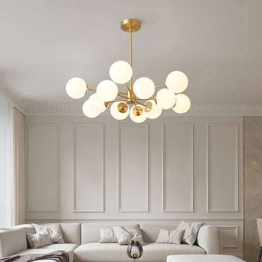 Spheralis Mid-Century Brass Opal Glass Chandelier