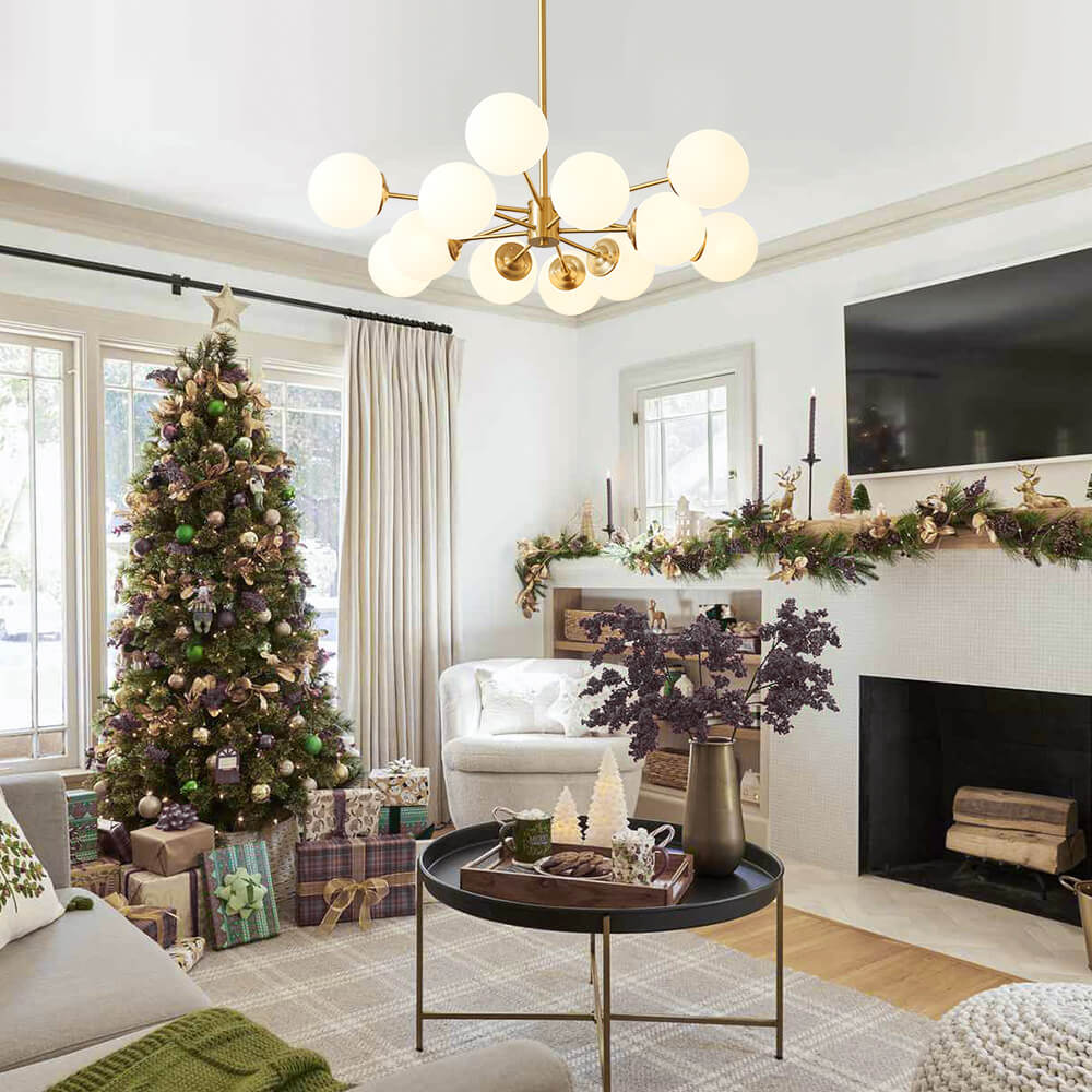 Spheralis Mid-Century Brass Opal Glass Chandelier