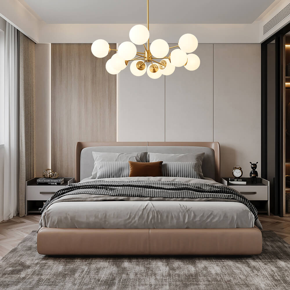 Spheralis Mid-Century Brass Opal Glass Chandelier