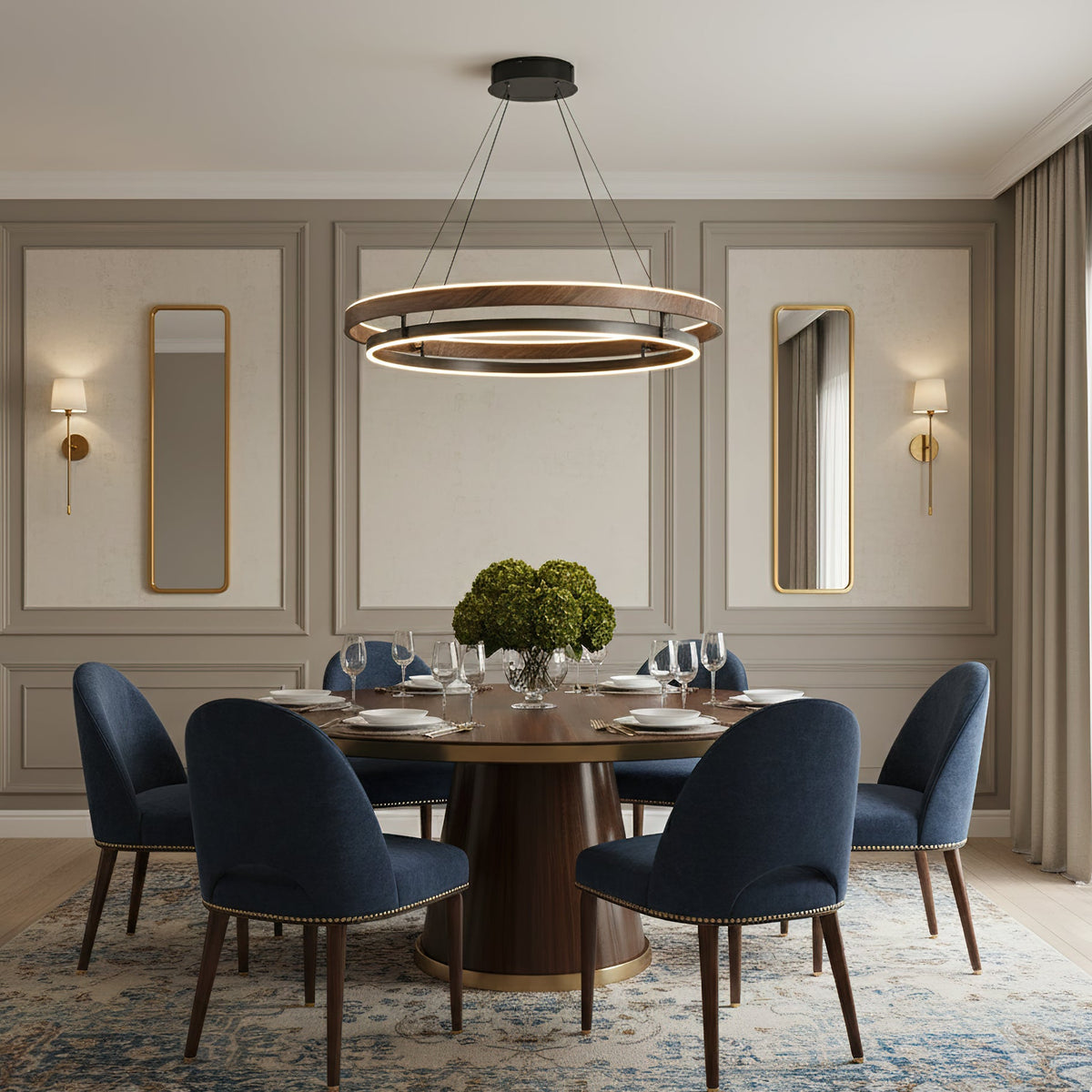 Double Ring Walnut LED Chandelier