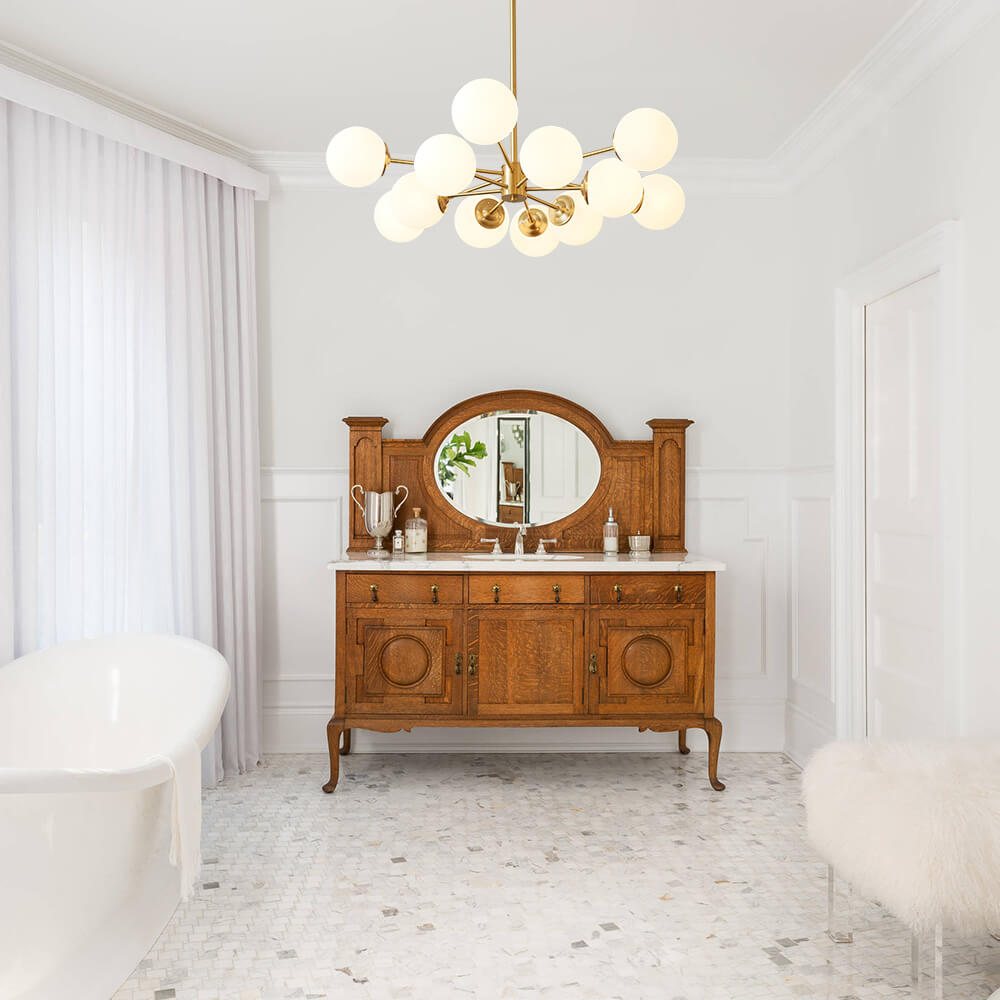Spheralis Mid-Century Brass Opal Glass Chandelier