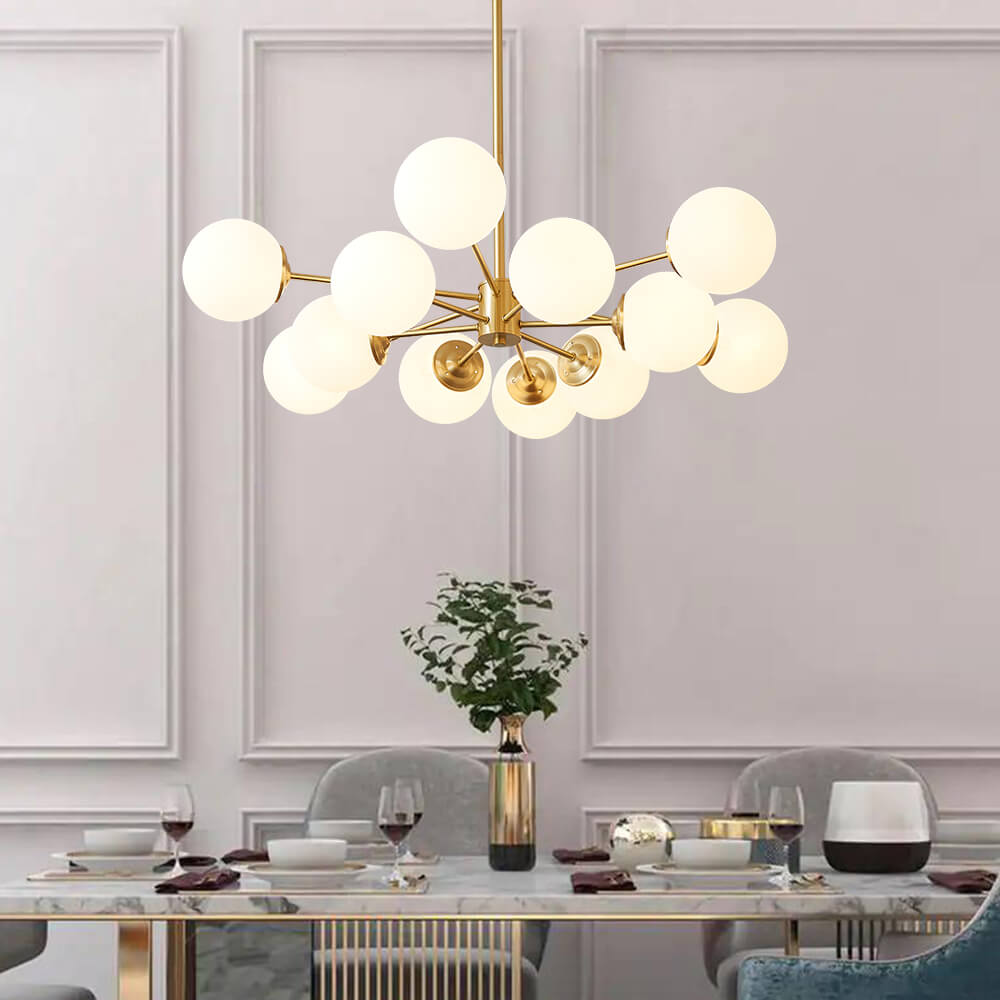 Spheralis Mid-Century Brass Opal Glass Chandelier