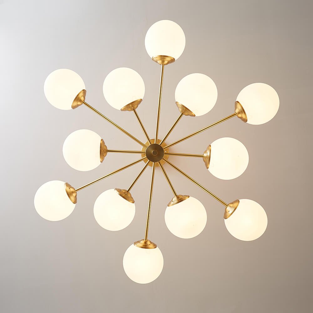 Spheralis Mid-Century Brass Opal Glass Chandelier