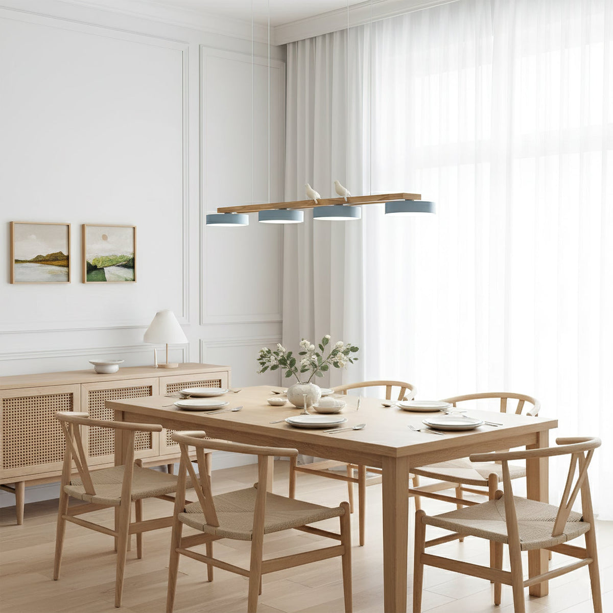 Linear Bird Motif Wood Chandelier