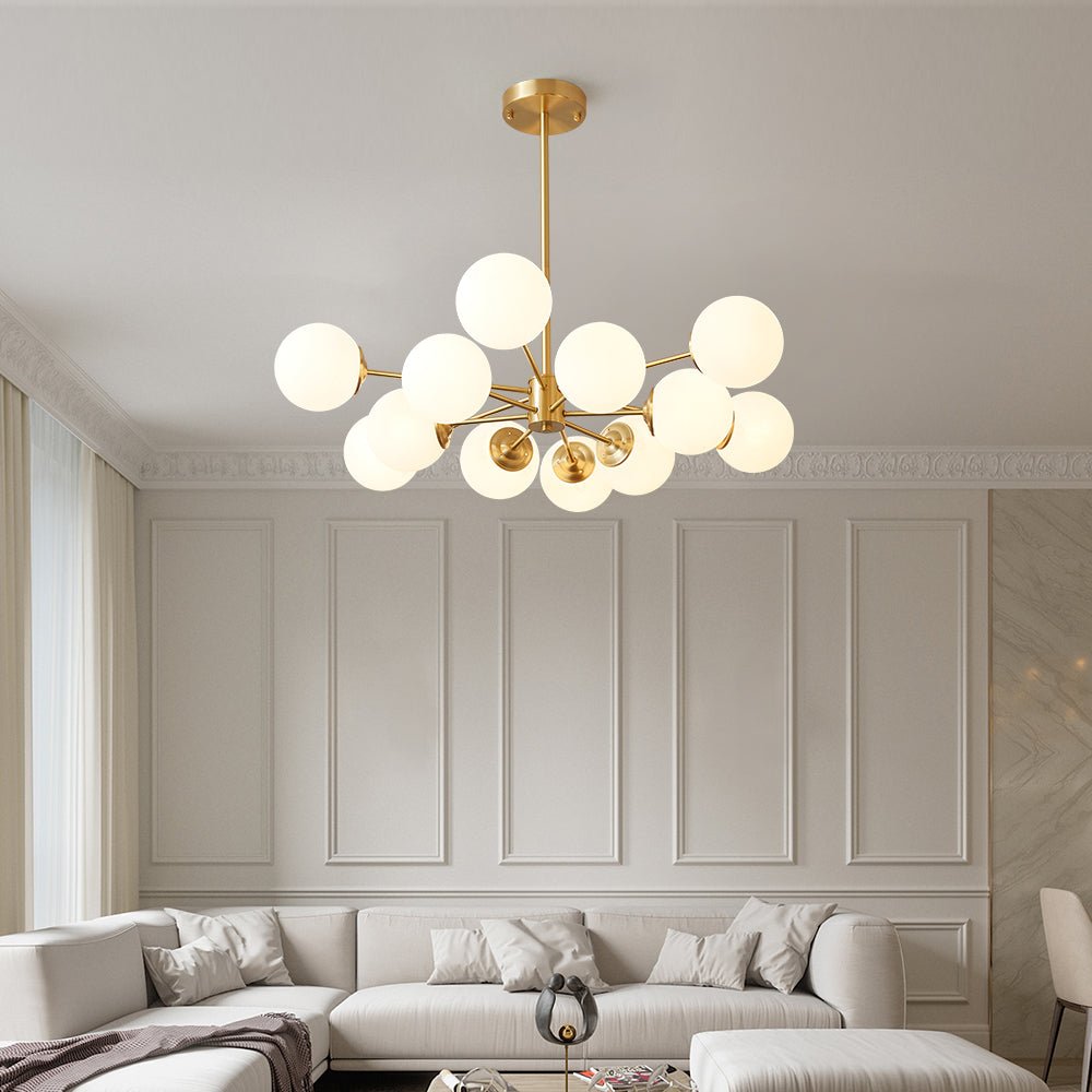 Spheralis Mid-Century Brass Opal Glass Chandelier