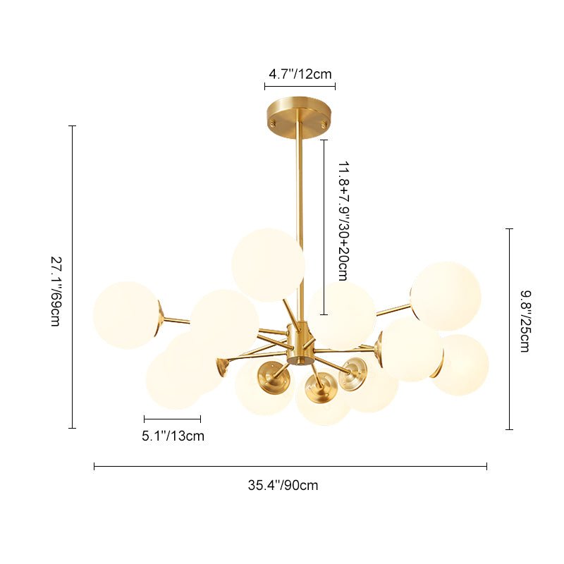 Spheralis Mid-Century Brass Opal Glass Chandelier