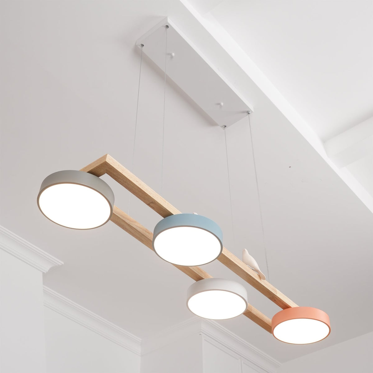 Linear Bird Motif Wood Chandelier